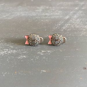 Punk Rock Skulls with Pink Bow & Crystal Diamonds Earring Studs